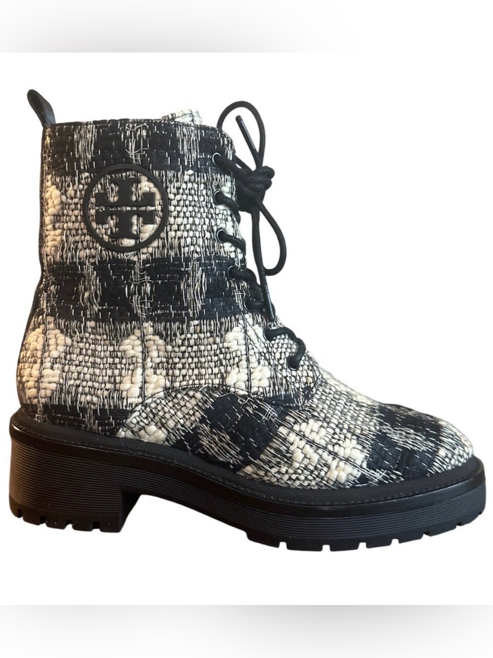 Tory Burch Miller Tweed Lug Sole Combat Boots Black White Size 7
